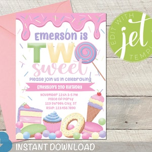 Editable TWO Sweet Birthday Invitation | Pink Pastel Donut 2nd Birthday Party | Candy Cake Ice Cream Cupcake Pastels Second Birthday