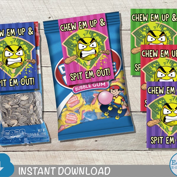 Chew Em Up & Spit Em Out Good Luck Tags, 5 Colors of Softball Treat Labels, Team Tags to pair with Sunflower Seeds or Gum, Digital Download