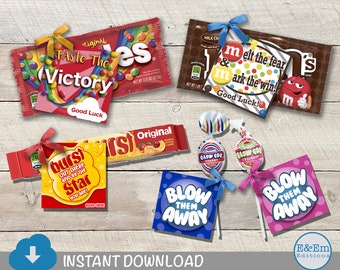 May include: A set of printable gift tags for candy and lollipops. The tags feature colorful designs and encouraging messages like "Taste the Victory", "Melt the Fear and Mark the Win", "Out There and Be the Star You Are!" and "Blow Them Away".