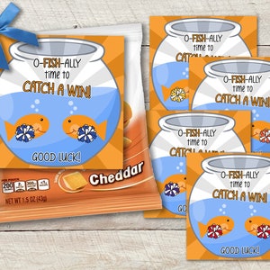 Cheerleading Good Luck Tags | O-Fish-Ally Catch A Win | 5 Colors of Cheer Competition Gift Treat Labels | Team Goodie Tags Pair w/ Crackers