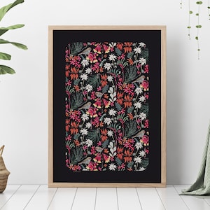 Australian, Native, Floral, Flowers, Birds, Finches, Art Print, Kangaroo Paw, Botanical, Painting, Dark background