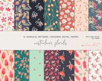 May include: 14 digital paper patterns featuring Australian floral designs. The patterns include red, pink, white, and yellow flowers on a variety of backgrounds, including green, blue, and black.
