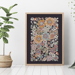 Australian, Natives, Botanical, Dark Background, Flowers, Waratah, Flannel Flower, Art Print, Drawing, Wall Art