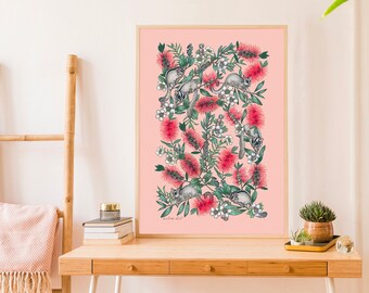 Australian, Native, Floral, Flowers, Sugar Gliders, Bottlebrush, Art Print, Botanical, Drawing, Pink background