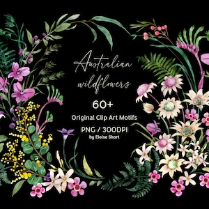 Australische inheemse wilde bloemen en varens, DIY Clip Art-motieven voor digitale download, aquarelstijl