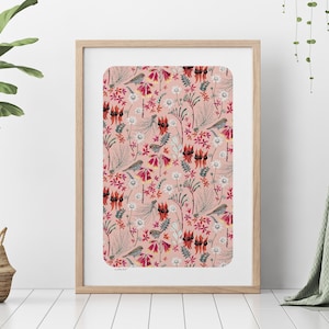 Australian, Native, Floral, Flowers, Birds, Finches, Art Print, Kangaroo Paw, Botanical, Painting, Pink background