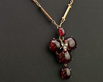 Colgante de luto antiguo, mosca de diamantes, granate Boho, collar de oro de 18 quilates