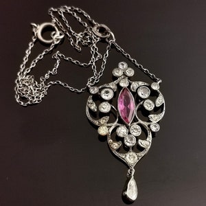 Antique Belle Epoque paste drop pendant necklace, silver