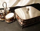 Antique cruet set and butter dish, Davenport Longport, Witches Imari, ceramic and silver plate, salt, pepper, mustard