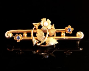 Antique Art Nouveau Sapphire and Pearl flower brooch, Boxed