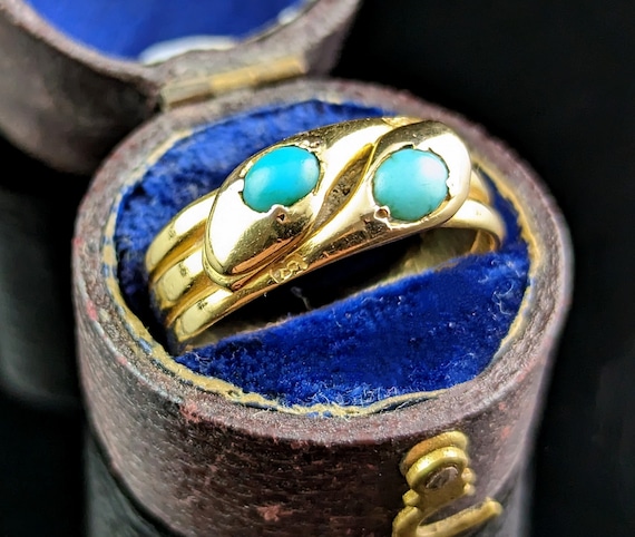 Antique 18ct gold double snake ring, Turquoise, V… - image 1