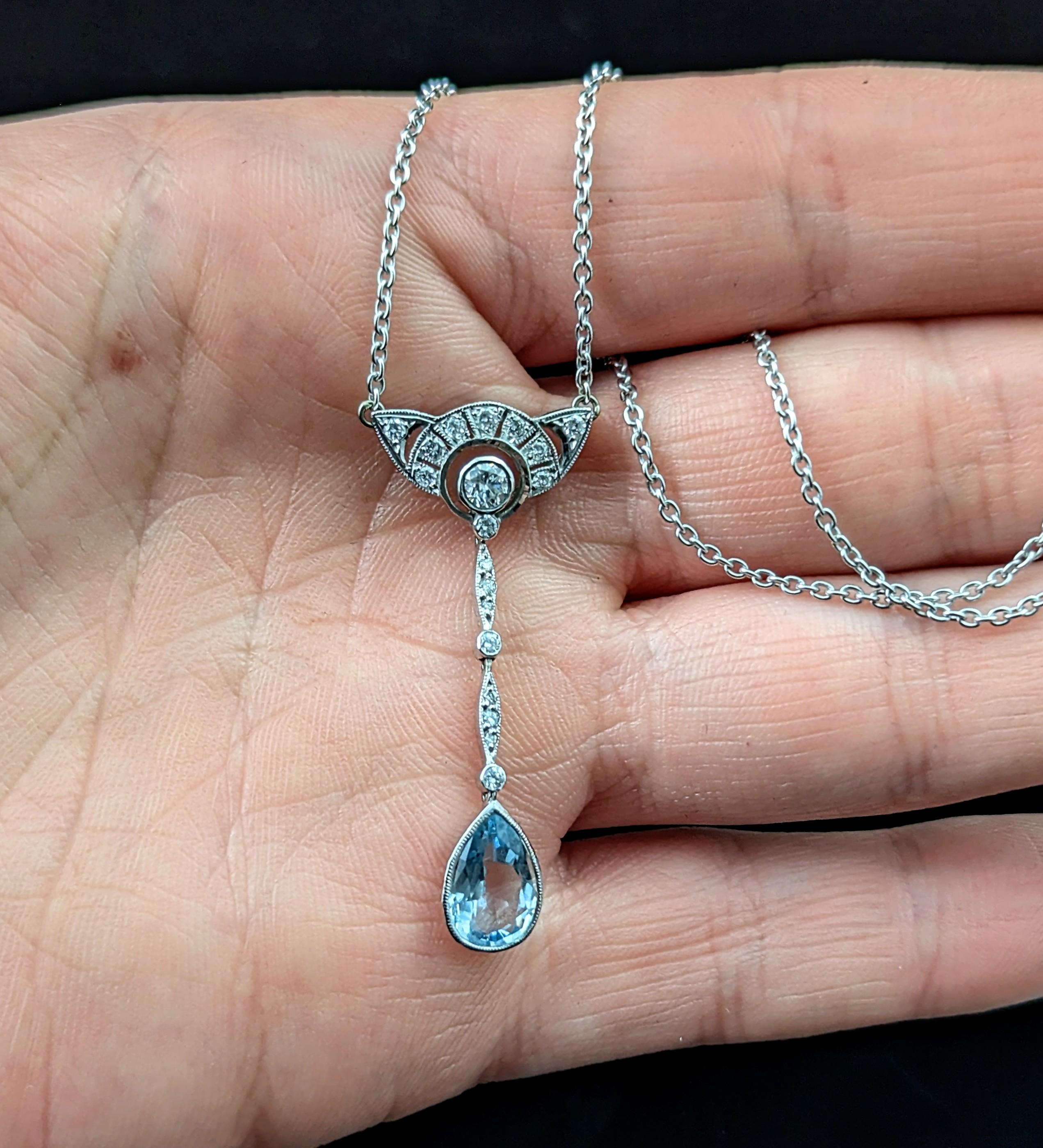 Collier Ancien Vintage Couleur Or Blanc Avec Diamant Et Aigue-marine - Bijou Ancien Référence 3923, Occasion