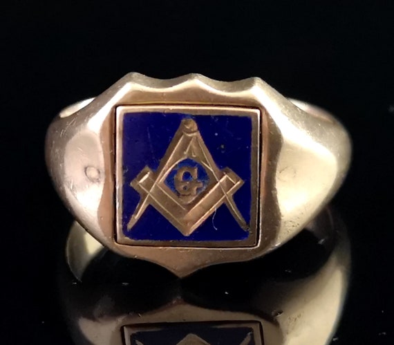 Antique Masonic Signet ring, 9ct gold, blue enamel