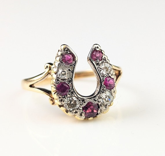 Antique Ruby and Diamond horseshoe ring, 18ct yel… - image 9