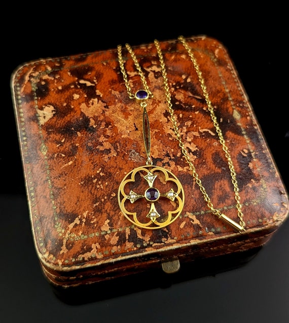 Antique Art Nouveau pendant necklace, Amethyst an… - image 8