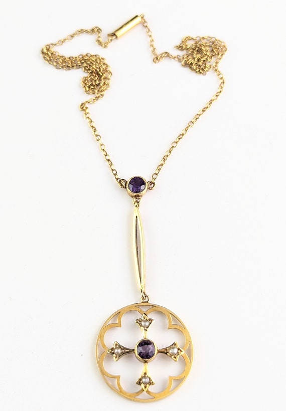 Antique Art Nouveau pendant necklace, Amethyst an… - image 10