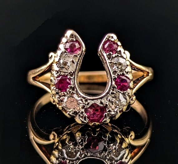 Antique Ruby and Diamond horseshoe ring, 18ct yel… - image 5