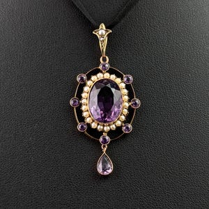 Antique Amethyst and Pearl drop pendant, 9ct yellow gold