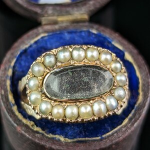 Antique mourning ring, Seed pearl 9ct gold, Victorian