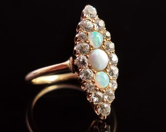 Antique Opal and Diamond navette ring, 18ct gold, Edwardian