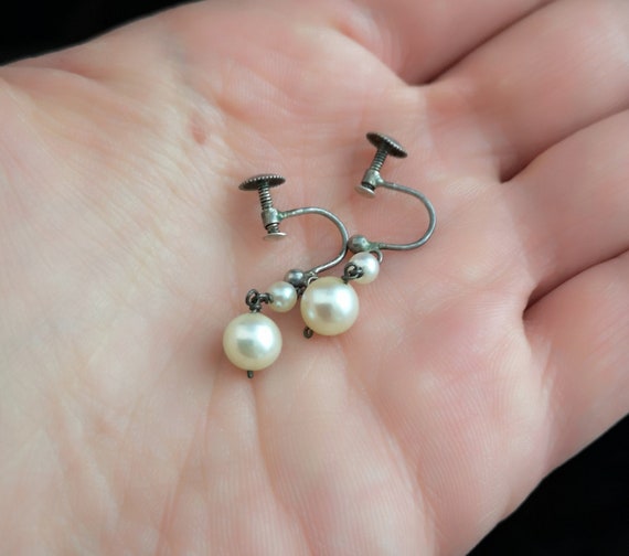 Art Deco pearl drop earrings, sterling silver - image 4