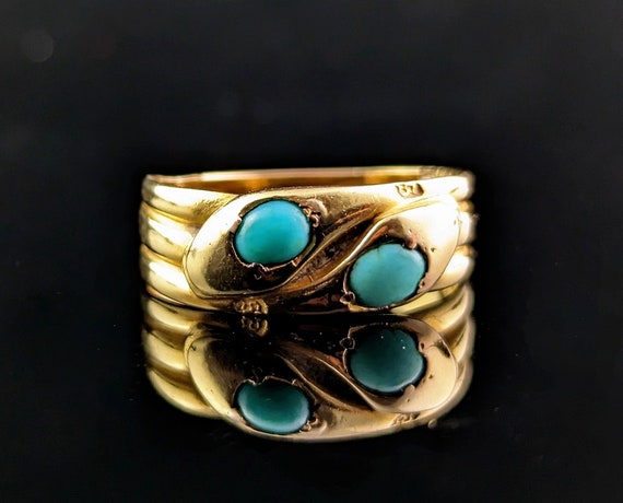 Antique 18ct gold double snake ring, Turquoise, V… - image 2