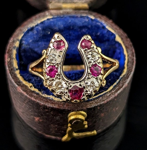 Antique Ruby and Diamond horseshoe ring, 18ct yel… - image 1