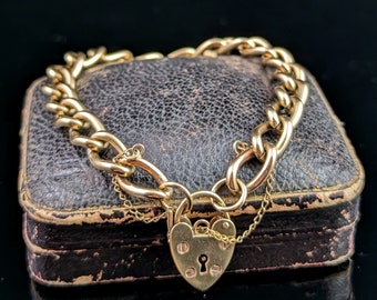 Vintage 9ct gold curb link bracelet, heart padlock, Open curb