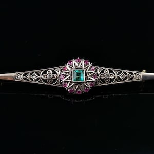 Antique Emerald, diamond and ruby brooch, gold and silver