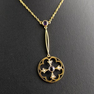 Antique Art Nouveau pendant necklace, Amethyst and Pearl, 9ct gold