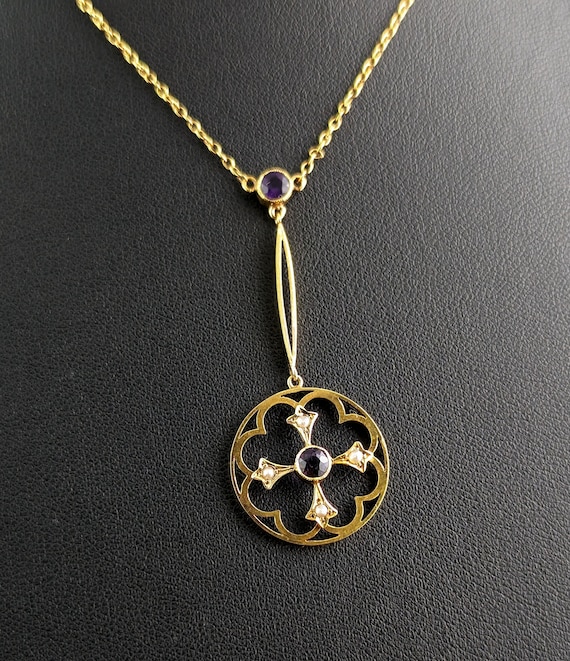 Antique Art Nouveau pendant necklace, Amethyst an… - image 1