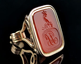 Antique Georgian seal fob pendant, 9ct gold, Carnelian, Heraldic