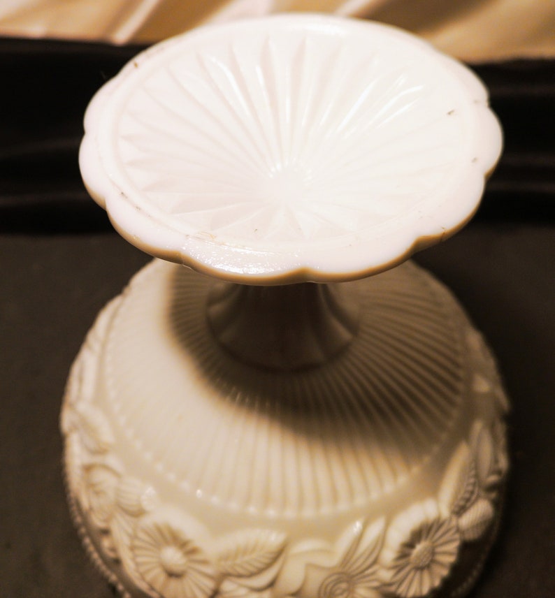 Antique sugar bowl floral pressed glass Victorian opaque white milk glass pedestal sugar bowl
