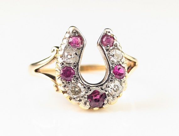 Antique Ruby and Diamond horseshoe ring, 18ct yel… - image 10
