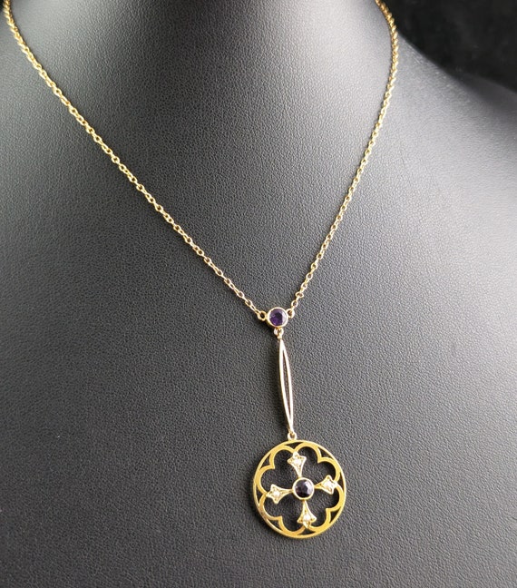 Antique Art Nouveau pendant necklace, Amethyst an… - image 4