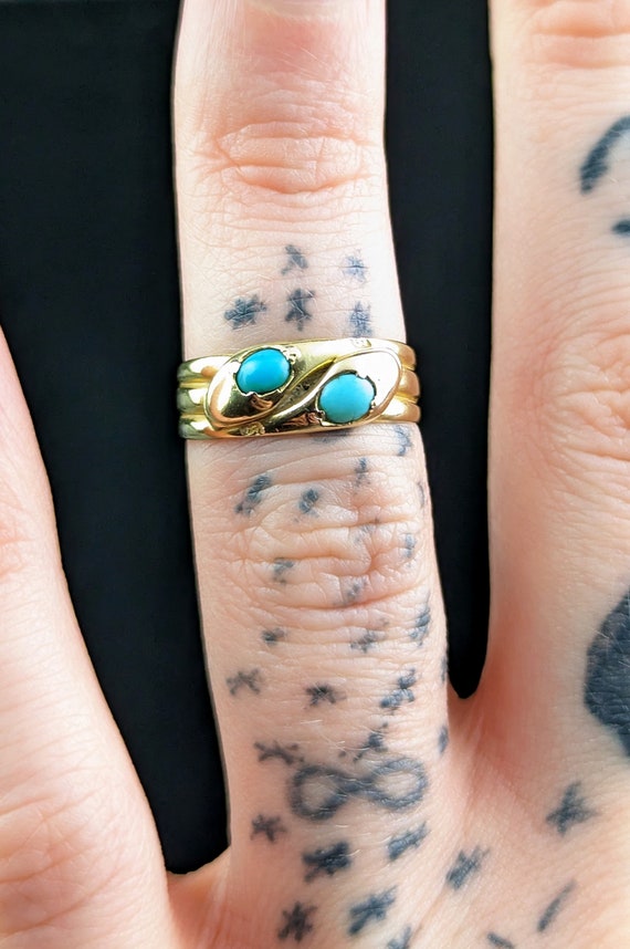 Antique 18ct gold double snake ring, Turquoise, V… - image 8