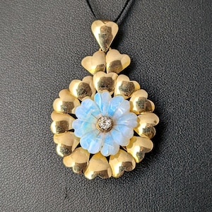 Vintage Opal and Diamond flower pendant, 9ct gold, hearts