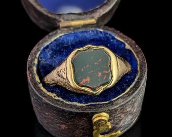 Anillo de sello antiguo de heliotropo, oro de 9 quilates, estilo eduardiano.