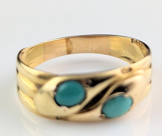 Antique 18ct gold double snake ring, Turquoise, V… - image 10