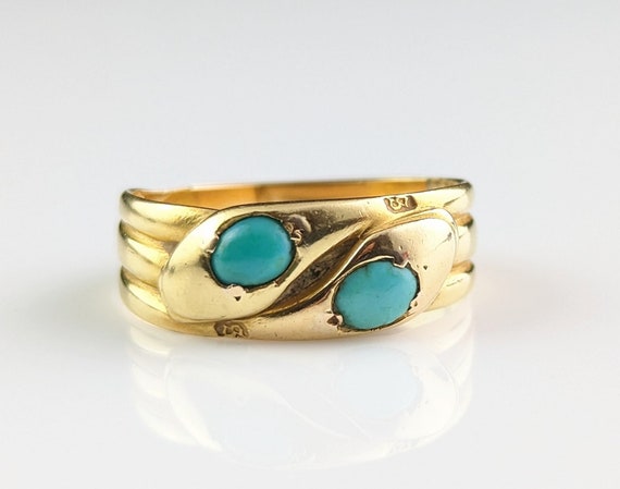 Antique 18ct gold double snake ring, Turquoise, V… - image 5