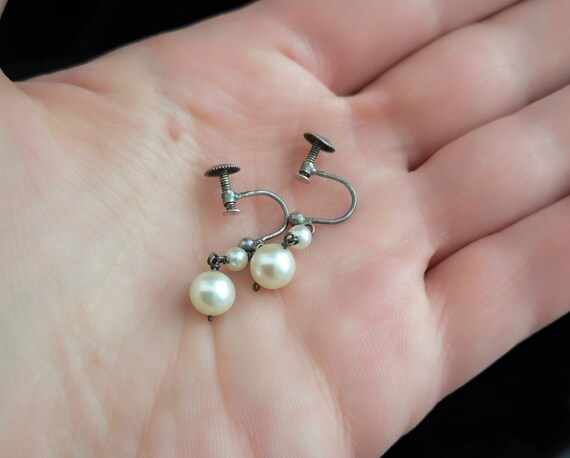 Art Deco pearl drop earrings, sterling silver - image 6