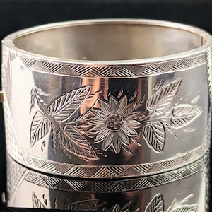 Antique silver cuff bangle, Chunky, Sunflower engraved