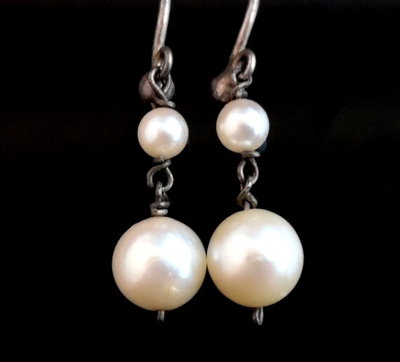 Art Deco pearl drop earrings, sterling silver - image 1