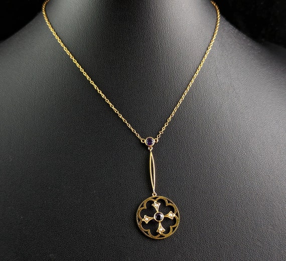 Antique Art Nouveau pendant necklace, Amethyst an… - image 6