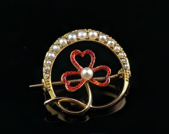 Antique Crescent moon and Shamrock brooch, Pearl and Red enamel, 15ct gold