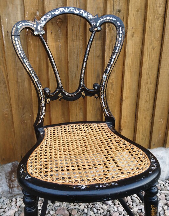 Victorian Bedroom Chair Mother Of Pearl Inlay Gilt Accents Antique Chair Canework Seat