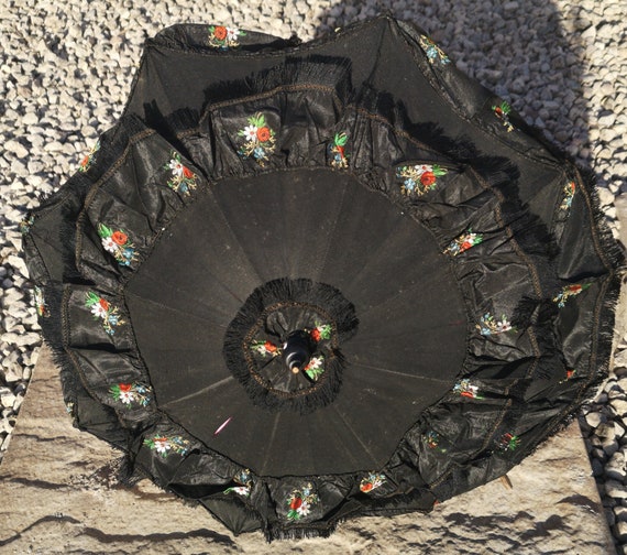 Antique mourning parasol, Victorian black embroide