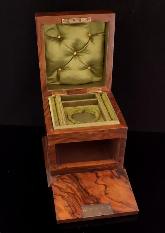 Antique Victorian walnut jewellery box, fall front