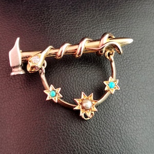 Antique Snake, Hammer and Stars brooch, 9ct gold and silver, Ruby, Diamond, Turquoise and pearl