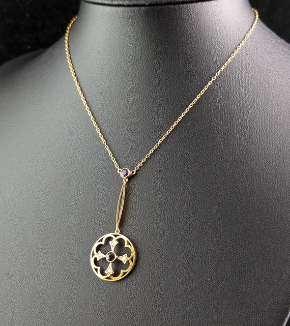 Antique Art Nouveau pendant necklace, Amethyst an… - image 5